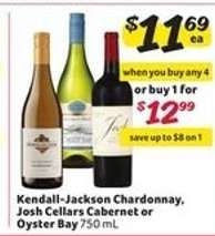 Kendall-Jackson Chardonnay, Josh Cellars Cabernet or Oyster Bay