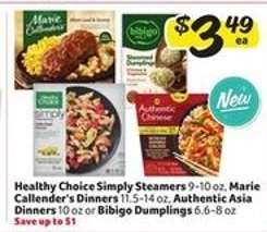 Healthy Choice Simply Steamers, Marie Callender's Dinners, Authentic Asia Dinners, Bibigo Dumplings