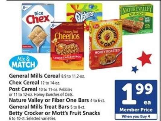 General Mills Cereal, Chex Cereal, Post Cereal, Nature Valley or Fiber One Bars, General Mills Treat Bars, Betty Crocker or Mott’s Fruit Snacks