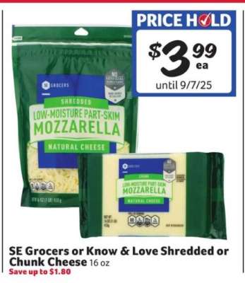 SE Grocers or Know & Love Shredded or Chunk Cheese