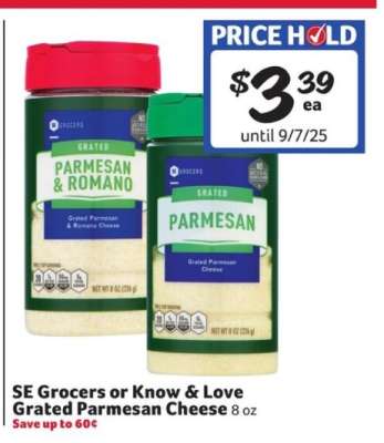 SE Grocers or Know & Love Grated Parmesan Cheese