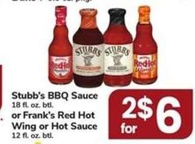 Stubb's BBQ Sauce or Frank's Red Hot Wing or Hot Sauce