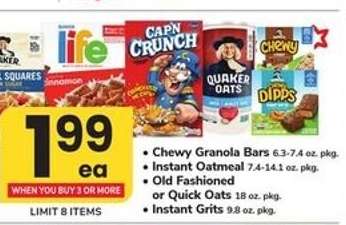 Chewy Granola Bars, Instant Oatmeal, Old Fashioned or Quick Oats, Instant Grits