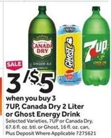 7UP, Canada Dry 2 Liter or Ghost Energy Drink