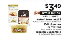 Asturi Bruschettini, Esti Hummus or Tzatziki, Yucatan Guacamole