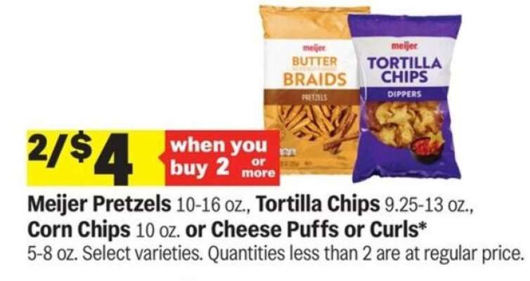 Meijer Pretzels, Tortilla Chips, Corn Chips, Cheese Puffs or Curls