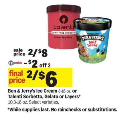 Ben & Jerry’s Ice Cream or Talenti Sorbetto, Gelato or Layers