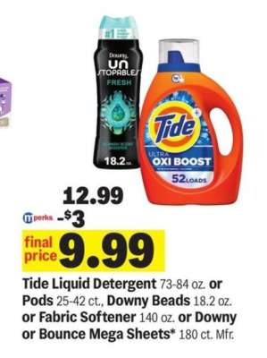 Tide Liquid Detergent or Pods, Downy Beads or Fabric Softener or Downy or Bounce Mega Sheets