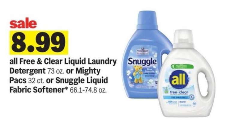 all Free & Clear Liquid Laundry Detergent or Mighty Pacs or Snuggle Liquid Fabric Softener
