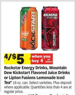 Rockstar Energy Drinks, Mountain Dew Kickstart Flavored Juice Drinks or Lipton Fusions Lemonade Iced Tea