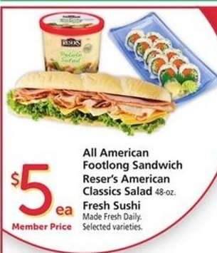 All American Footlong Sandwich, Reser's American Classics Salad, Fresh Sushi