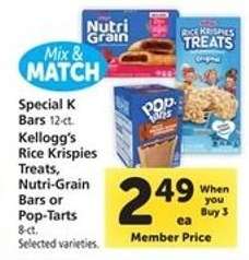 Special K Bars, Kellogg’s Rice Krispies Treats, Nutri-Grain Bars or Pop-Tarts
