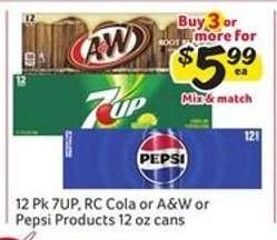 12 Pk 7UP, RC Cola or A&W or Pepsi Products