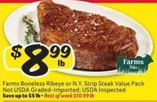 Farms Boneless Ribeye or N.Y. Strip Steak Value Pack