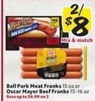 Ball Park Meat Franks or Oscar Mayer Beef Franks