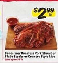 Bone-In or Boneless Pork Shoulder Blade Steaks or Country Style Ribs