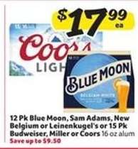 Blue Moon, Sam Adams, New Belgium, Leinenkugel's, Budweiser, Miller, Coors