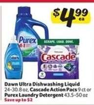 Dawn Ultra Dishwashing Liquid, Cascade Action Pacs, Purex Laundry Detergent