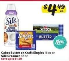 Cabot Butter or Kraft Singles or Silk Creamer