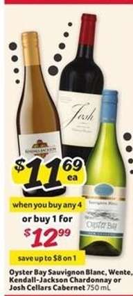 Oyster Bay Sauvignon Blanc, Wente, Kendall-Jackson Chardonnay or Josh Cellars Cabernet
