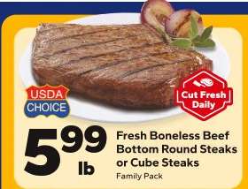 Fresh Boneless Beef Bottom Round Steaks or Cube Steaks