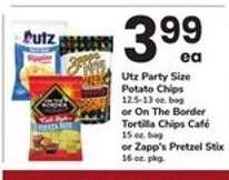 Utz Party Size Potato Chips or On The Border Tortilla Chips Café or Zapp's Pretzel Stix