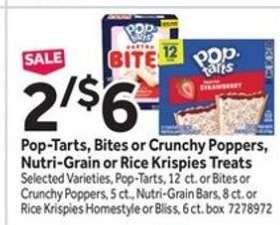 Pop-Tarts, Bites or Crunchy Poppers, Nutri-Grain or Rice Krispies Treats