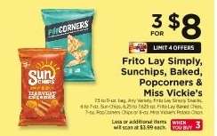 Frito Lay Simply, Sunchips, Baked, Popcorners & Miss Vickie's