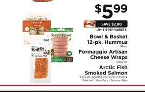 Bowl & Basket 12-pk. Hummus, Formaggio Artisan Cheese Wraps, Arctic Fish Smoked Salmon