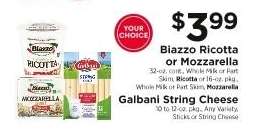 Biazzo Ricotta or Mozzarella, Galbani String Cheese