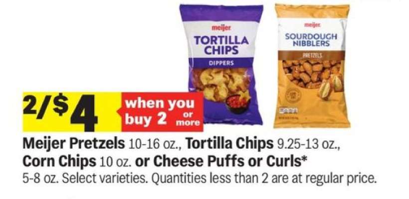 Meijer Pretzels, Tortilla Chips, Corn Chips, Cheese Puffs or Curls