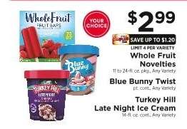 Whole Fruit Novelties, Blue Bunny Twist, Turkey Hill Late Night Ice Cream