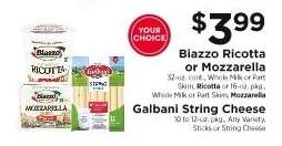 Biazzo Ricotta or Mozzarella, Galbani String Cheese
