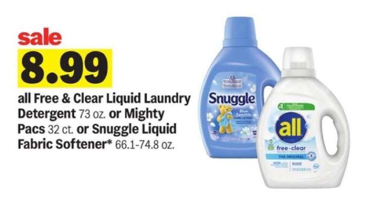 all Free & Clear Liquid Laundry Detergent or Mighty Pacs or Snuggle Liquid Fabric Softener