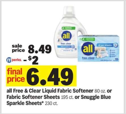 all Free & Clear Liquid Fabric Softener or Fabric Softener Sheets or Snuggle Blue Sparkle Sheets