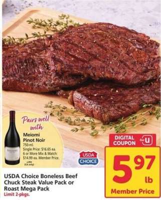 USDA Choice Boneless Beef Chuck Steak Value Pack or Roast Mega Pack