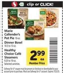 Marie Callender's Pot Pie, Dinner Bowl, Healthy Choice Café Steamers