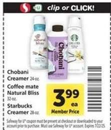 Chobani Creamer, Coffee mate Natural Bliss, Starbucks Creamer