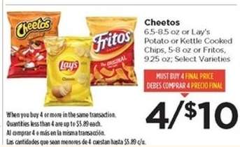 Cheetos, Lay's Potato or Kettle Cooked Chips, Fritos