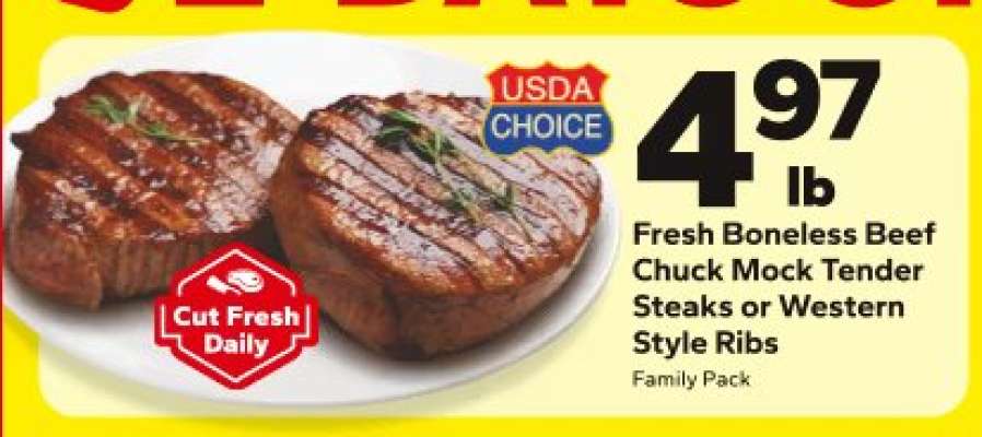 Fresh Boneless Beef Chuck Mock Tender Steaks or Western Style Ribs