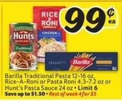 Barilla Traditional Pasta, Rice-A-Roni or Pasta Roni, Hunt's Pasta Sauce