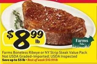 Farms Boneless Ribeye or NY Strip Steak Value Pack