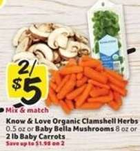 Know & Love Organic Clamshell Herbs, Baby Bella Mushrooms, Baby Carrots