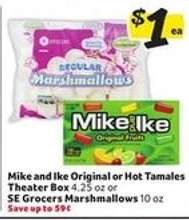 Mike and Ike Original or Hot Tamales Theater Box or SE Grocers Marshmallows