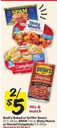 Bush's Baked or Grillin' Beans, SPAM, Dinty Moore or Hormel Compleats
