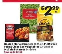 Boston Market Dinners, PictSweet Farms Clear Bag Vegetables, McCain Potatoes