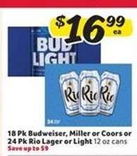 Budweiser, Miller, Coors, Rio Lager or Light
