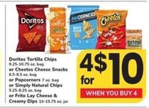 Doritos Tortilla Chips or Cheetos Cheese Snacks or Popcorners or Simply Natural Chips or Frito Lay Cheese & Creamy Dips