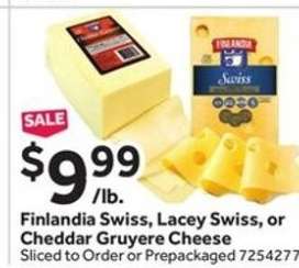 Finlandia Swiss, Lacey Swiss, or Cheddar Gruyere Cheese