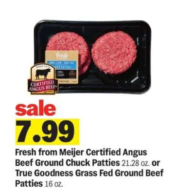 Fresh from Meijer Certified Angus Beef Ground Chuck Patties or True Goodness Grass Fed Ground Beef Patties